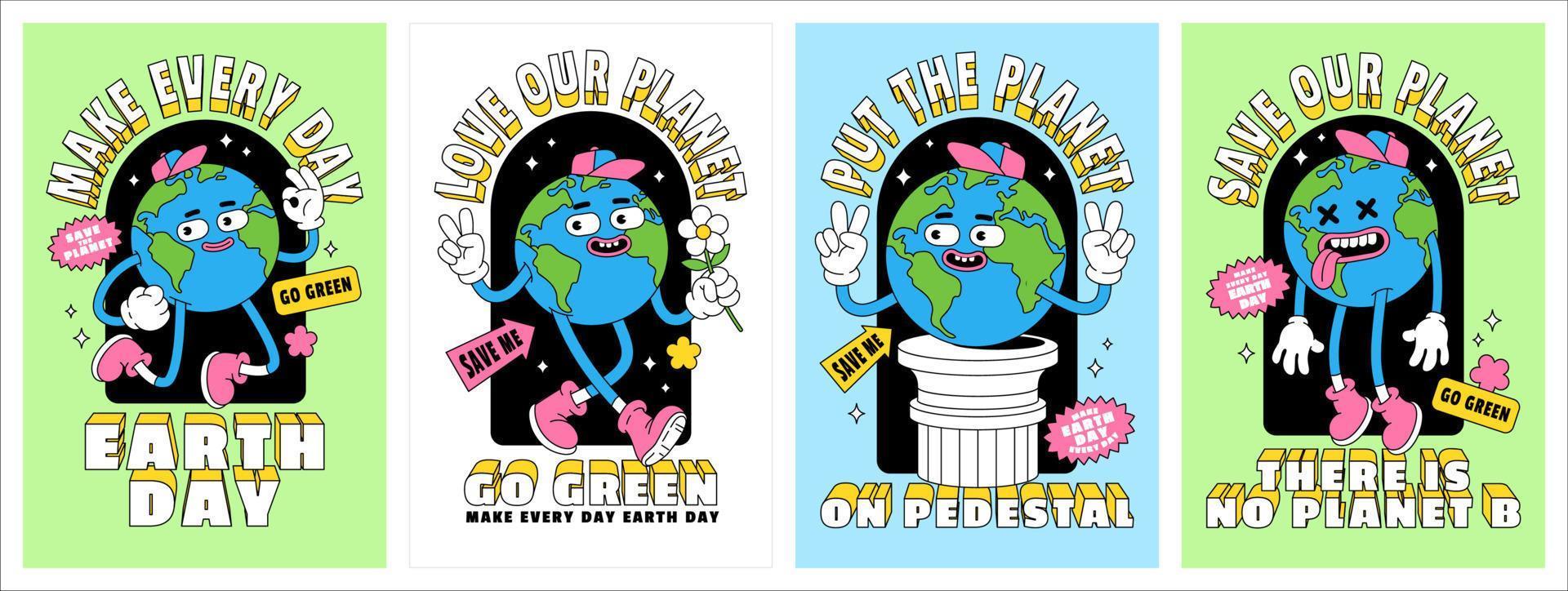 Save the planet in trendy retro cartoon style. Set of Earth Day posters. World Environment Day cards. vector