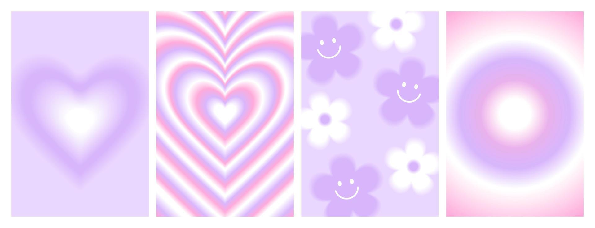 Y2k blurred gragient posters. Heart, daisy, flower in trendy 90s, 00s psychedelic style. vector