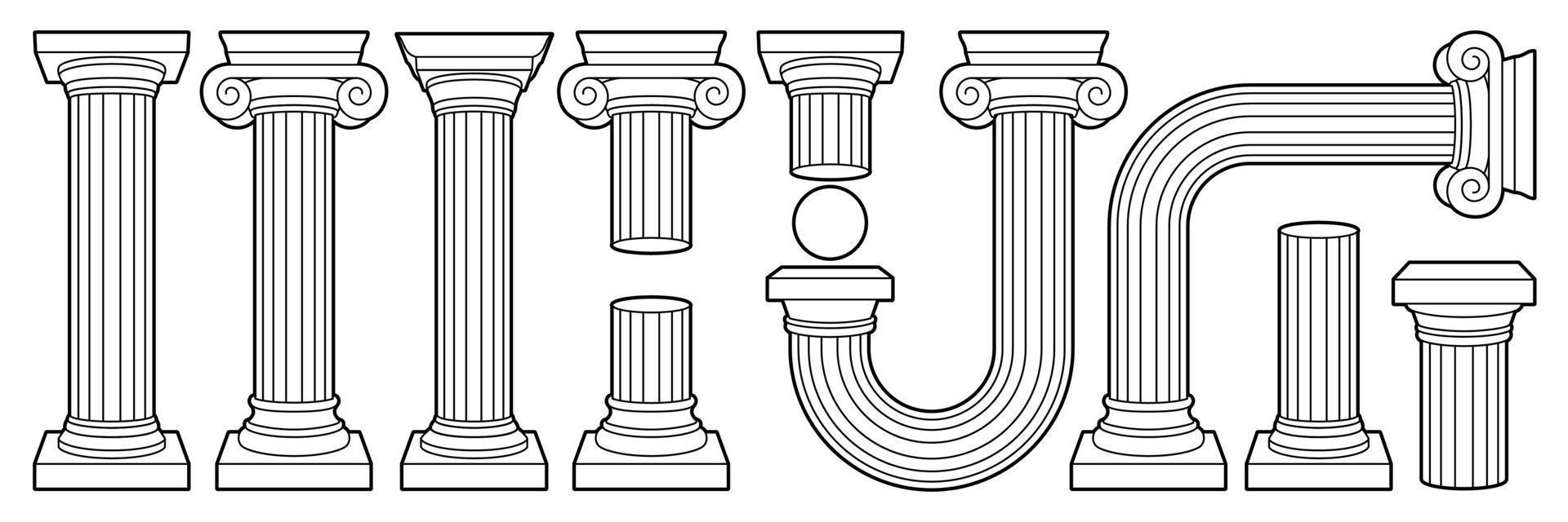 Greek ancient column, pillar, pedestal in outline contemporary style. Black and white colors. vector