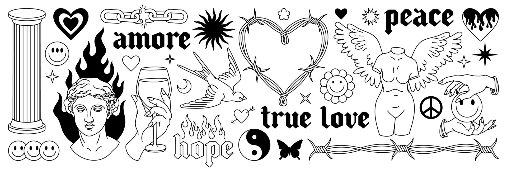 Tattoo art 1990s, 2000s. Y2k stickers. Butterfly, barbed wire, fire
