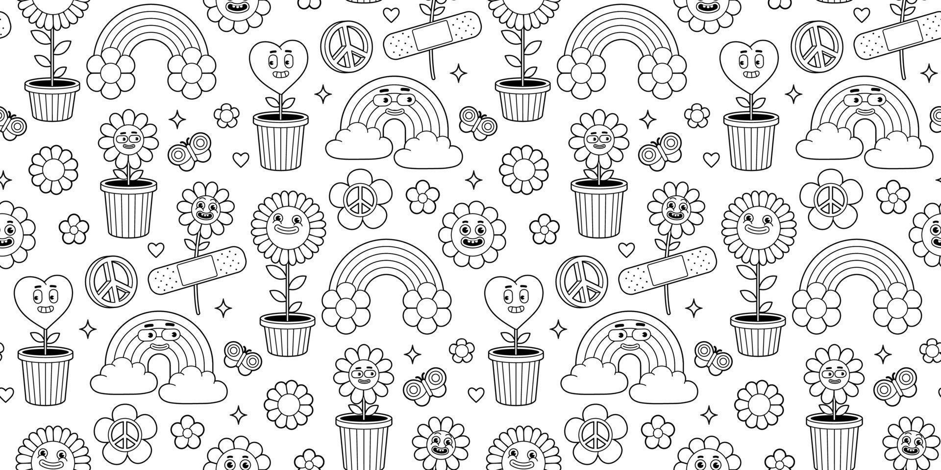 Groovy seamless pattern in trendy retro cartoon style. Funny Earth, rainbow, heart, flower, daisy. vector