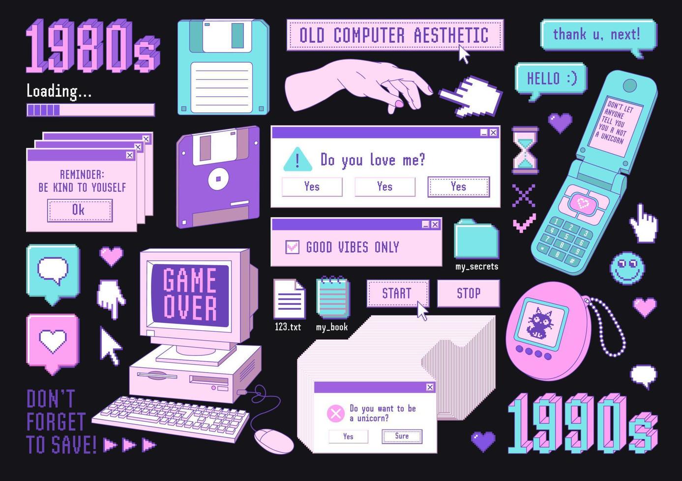 Sticker pack of retro pc elements. Old computer aestethic 1980s -1990s. vector
