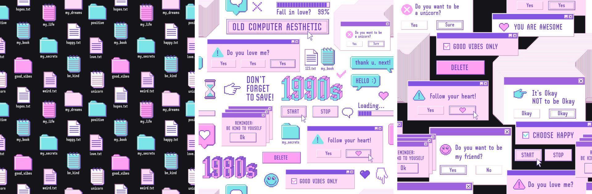 vieja estética de la computadora 1980-1990. conjunto de patrones impecables con elementos de pc retro e interfaz de usuario. vector