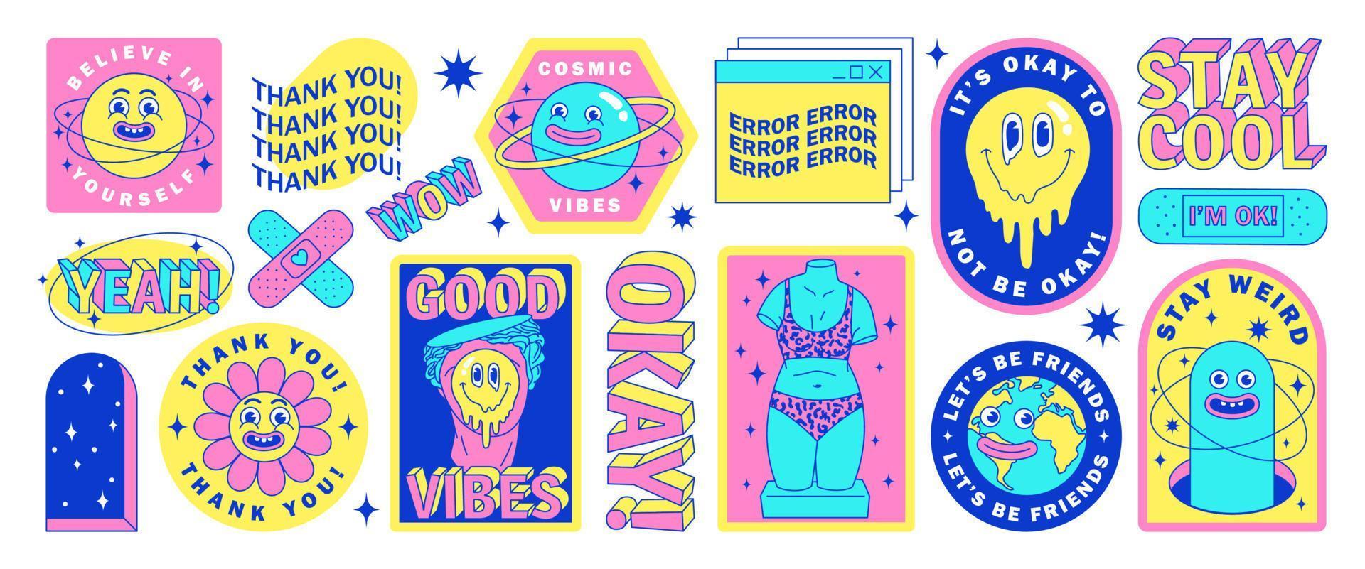 Sticker pack of funny cartoon characters, greek statues, Earth, planet and elements in psychedelic weird style. vector