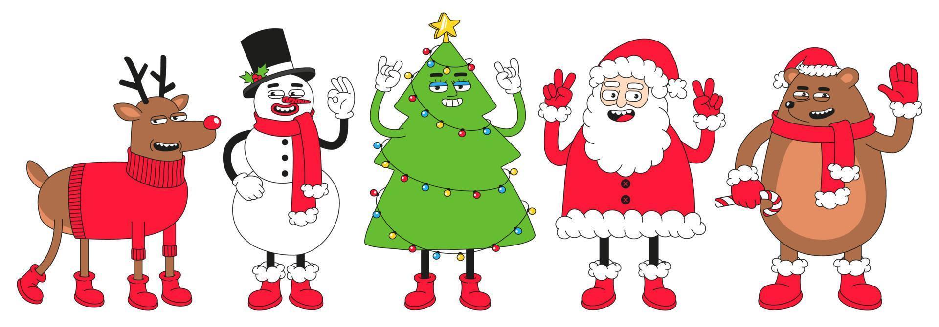 personajes de dibujos animados de navidad. divertido muñeco de nieve, reno, santa claus, árbol de navidad. vector