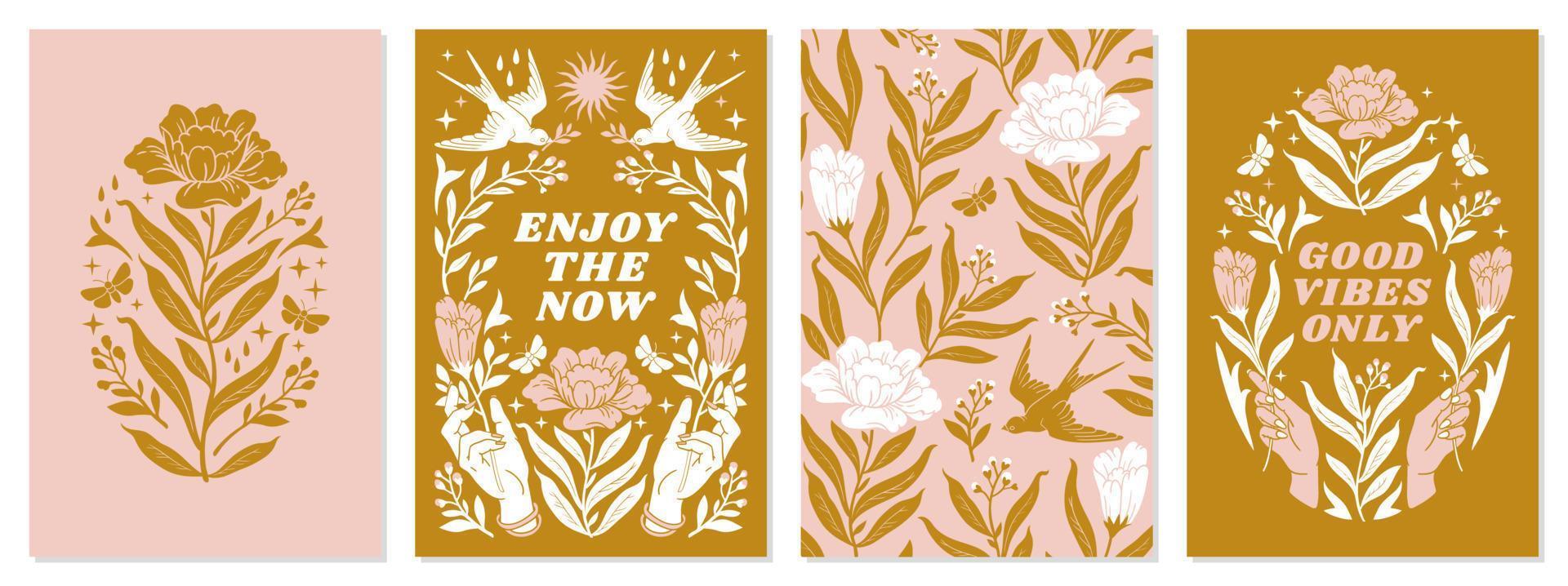 Boho mystical posters with inspirational quotes about energy, magic and good vibes in trendy bohemian celestial style. vector