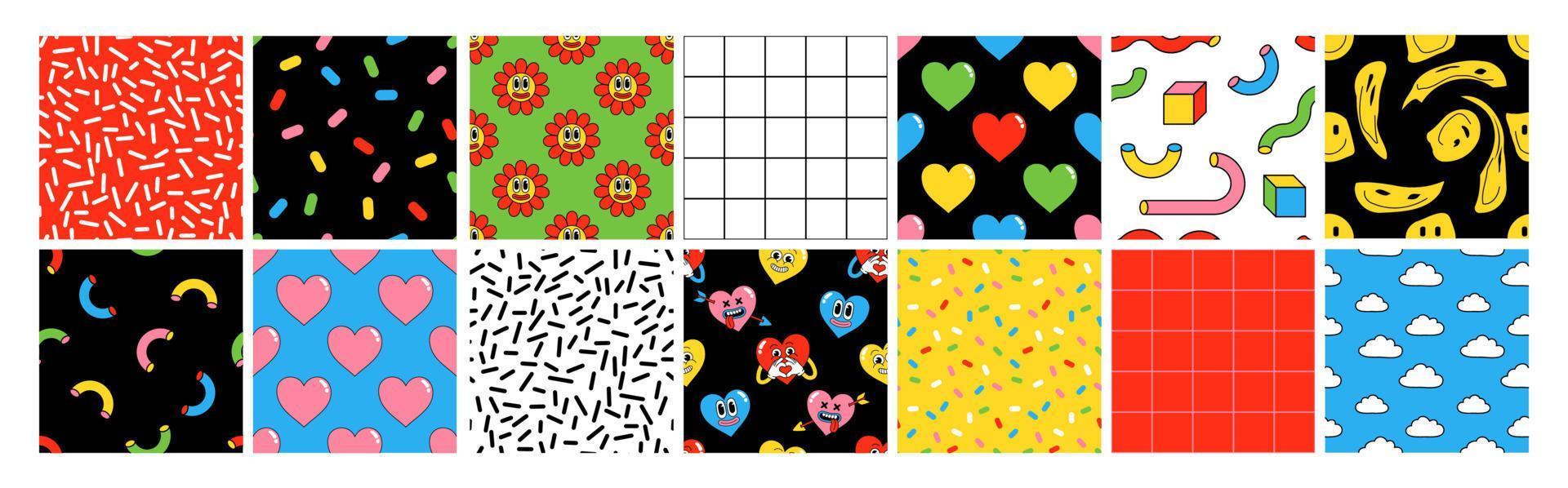 Cartoon seamless patterns with heart, patch, earth, berry, hands, abstract faces etc. vector