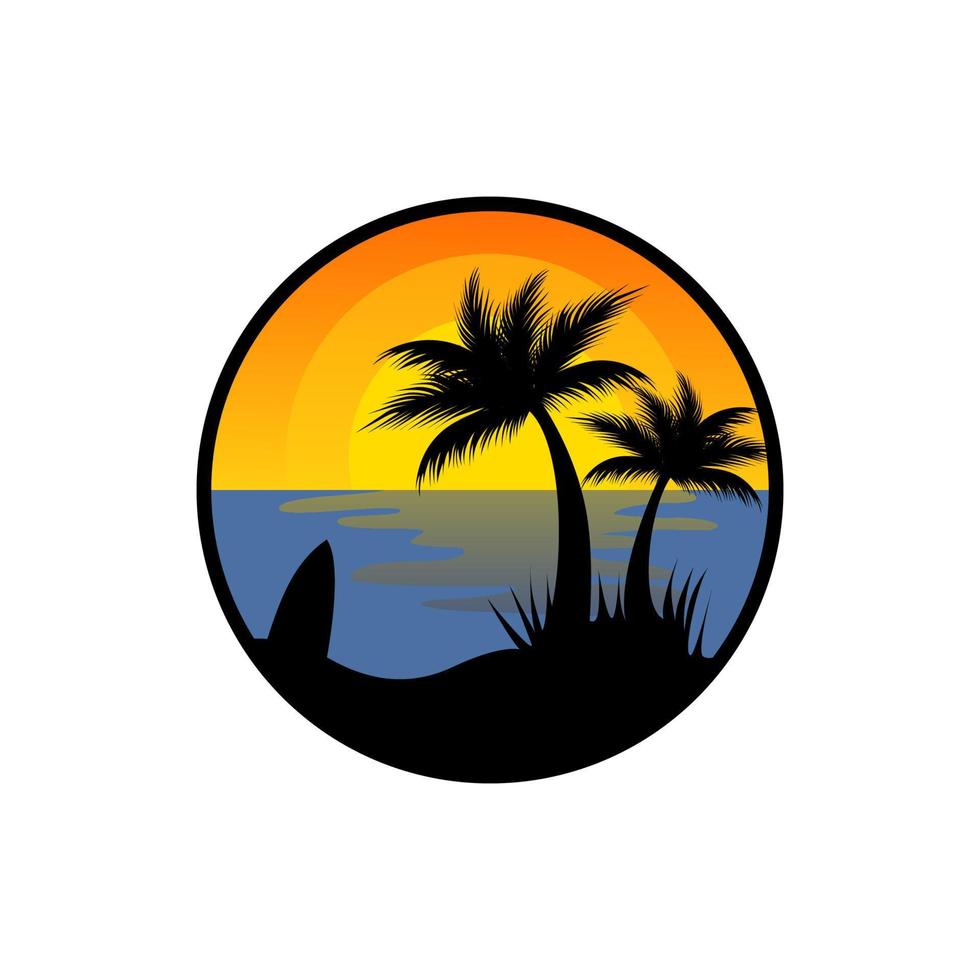 diseño del logo de la isla con cocoteros y puesta de sol vector