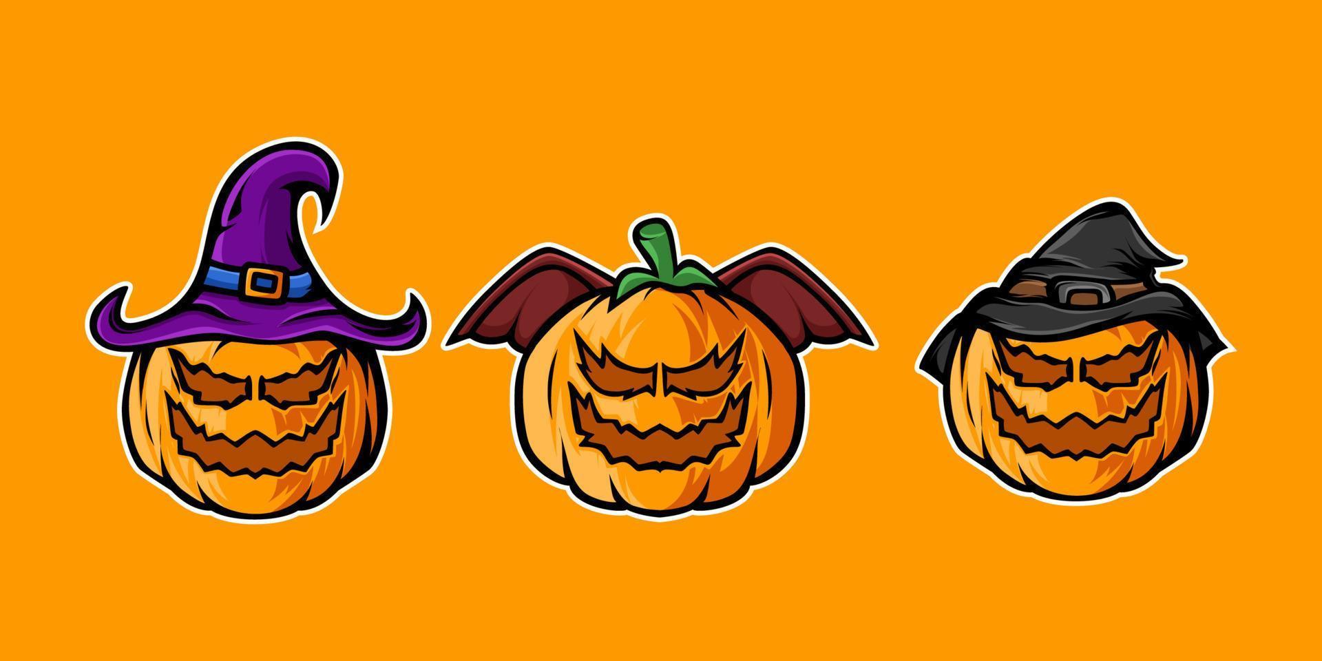 Pumpkin vector illustration design set on orange background. Happy Halloween holiday symbol. Orange pumpkins in various styles are great for your design during the Halloween holidays