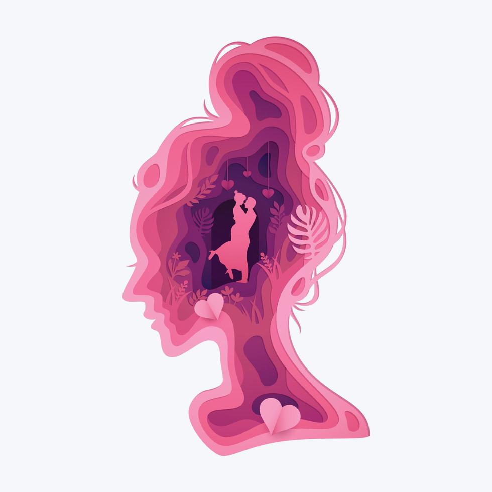 Paper cut layered woman head with young couple in love, Business or mind psychology concept vector