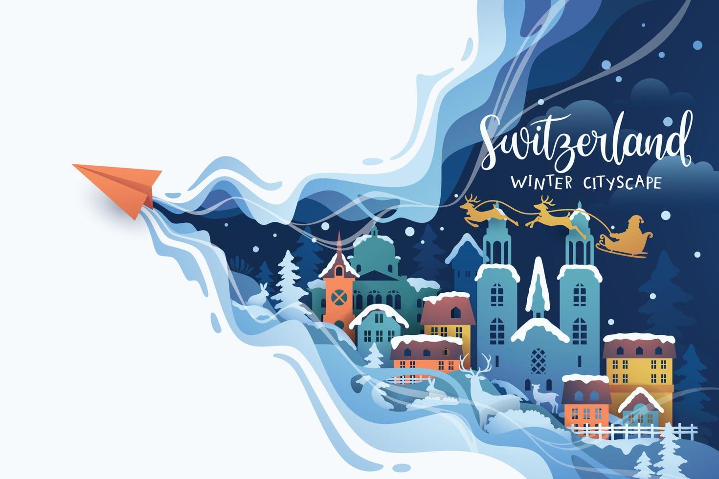 Paper plane flying to switzerland landmark over city buildings in winter vector