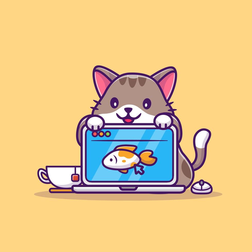 Ilustración de icono de vector de dibujos animados lindo gato y portátil. concepto de icono de tecnología animal vector premium aislado. estilo de dibujos animados plana.