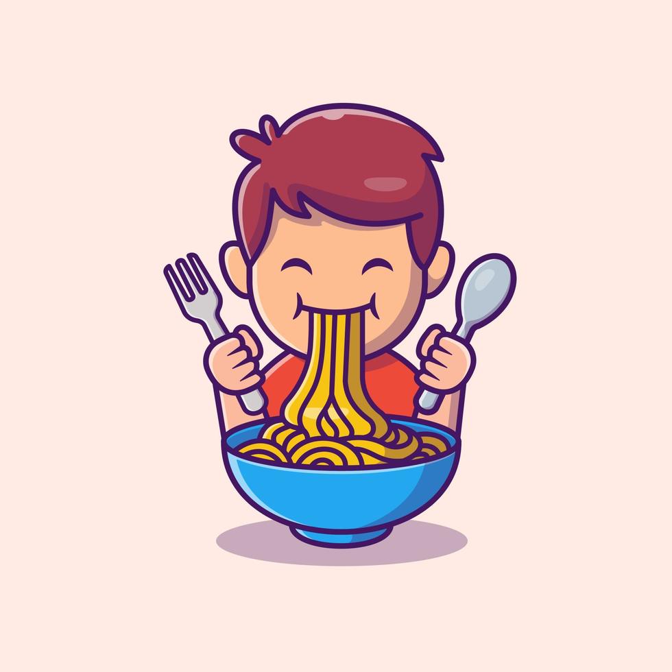 Cute Kid Eat Ramen Noodle Cartoon Vector Icon Illustration. People Food Icon Concept Isolated Premium Vector. Flat Cartoon Style