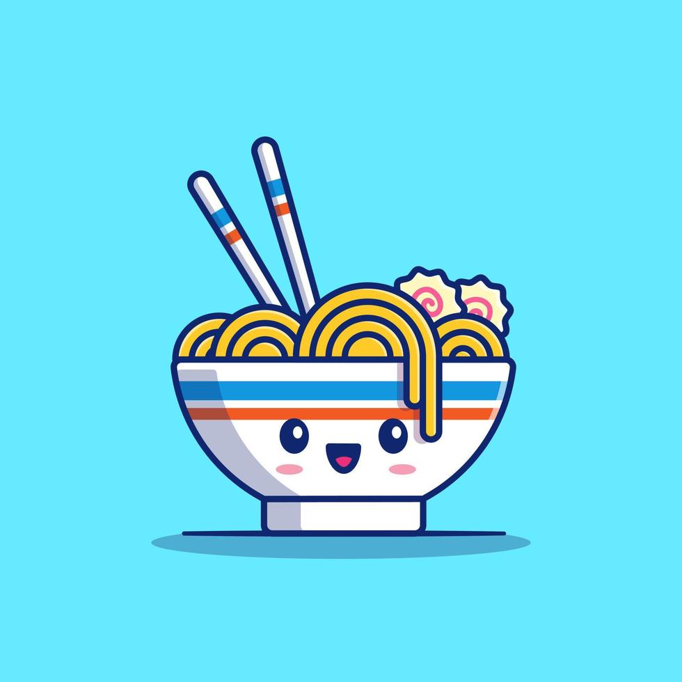 Ilustración de icono de vector de dibujos animados de fideos ramen lindo. concepto de icono de fideos de comida vector premium aislado. estilo de dibujos animados plana