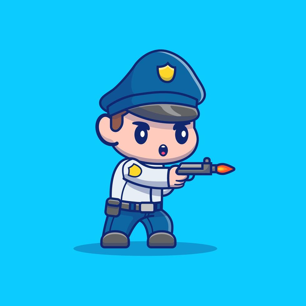 lindo policía disparando con pistola dibujos animados vector icono ilustración. concepto de icono de profesión de personas vector premium aislado. estilo de dibujos animados plana