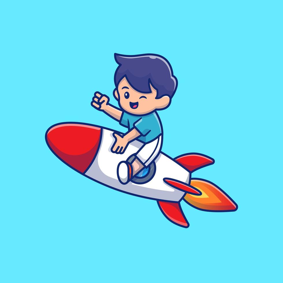 Cute Kid Riding Rocket Cartoon Vector Icon Illustration. People And Technology Icon Concept Isolated Premium Vector. Flat Cartoon Style