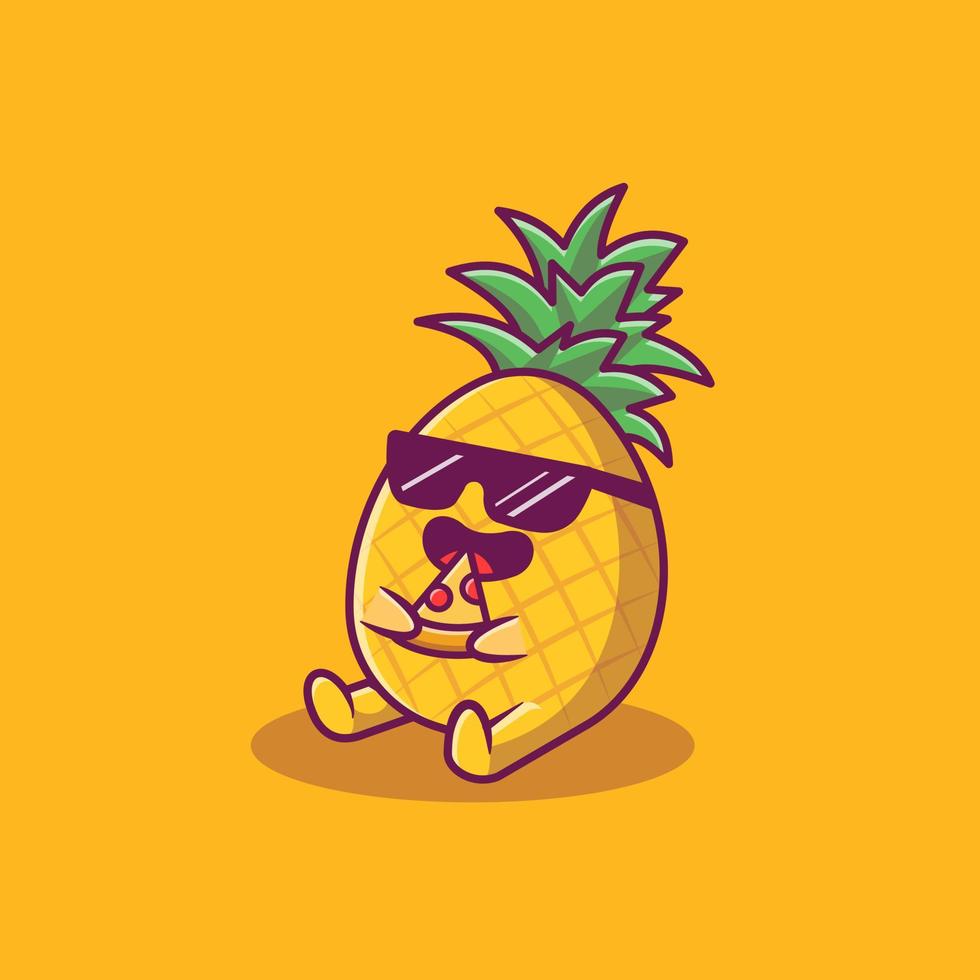Cute Pineapple Eating Pizza Cartoon Vector Icon Illustration. Summer Fruit Icon Concept Isolated Premium Vector. Flat Cartoon Style
