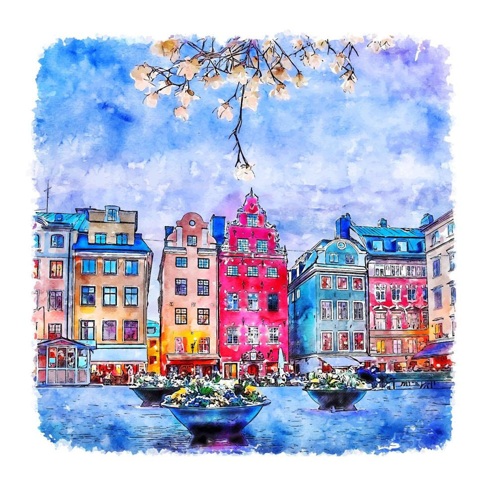 Stockholm Sweden Watercolor sketch hand drawn illustration vector