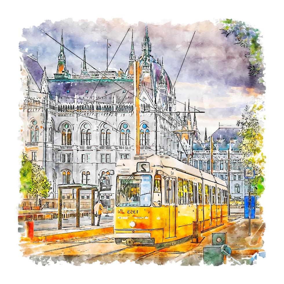 Parliament Budapest Watercolor sketch hand drawn illustration vector