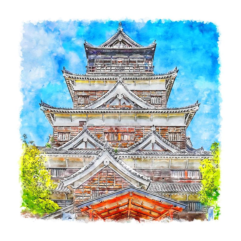 castillo de hiroshima japón acuarela boceto dibujado a mano ilustración vector