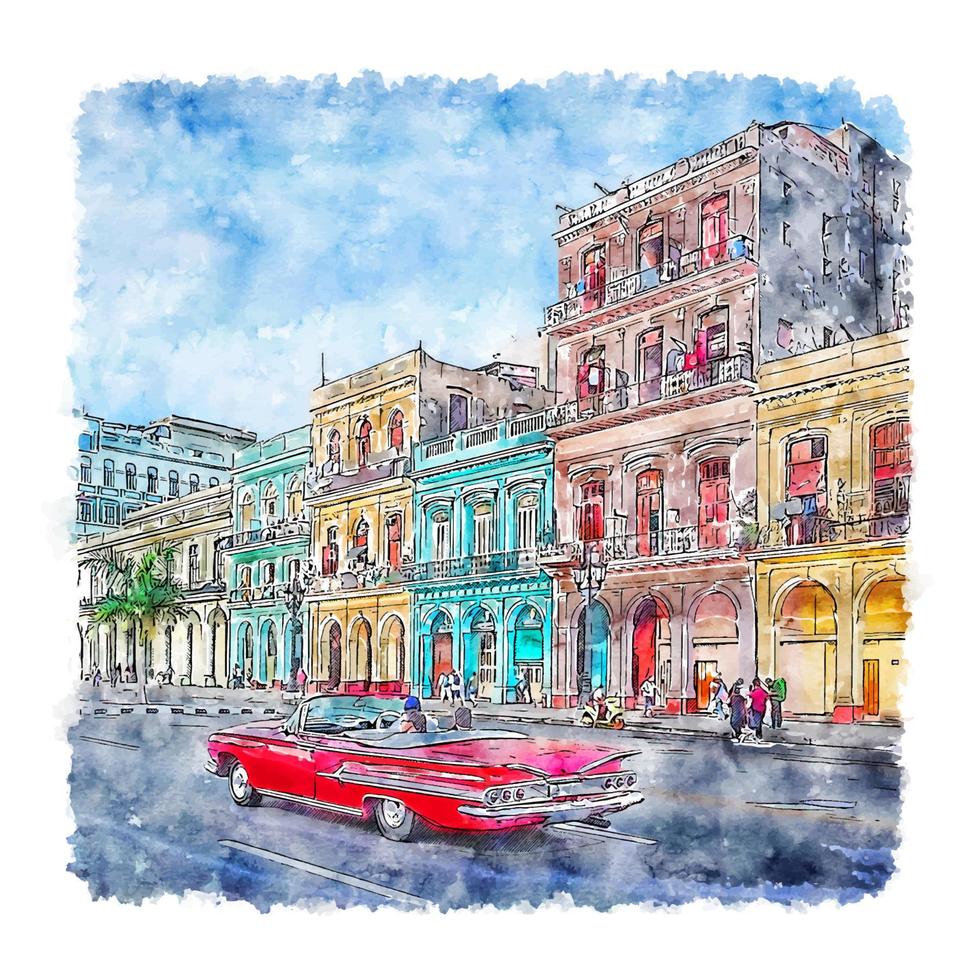 Havana Cuba Watercolor sketch hand drawn illustration vector