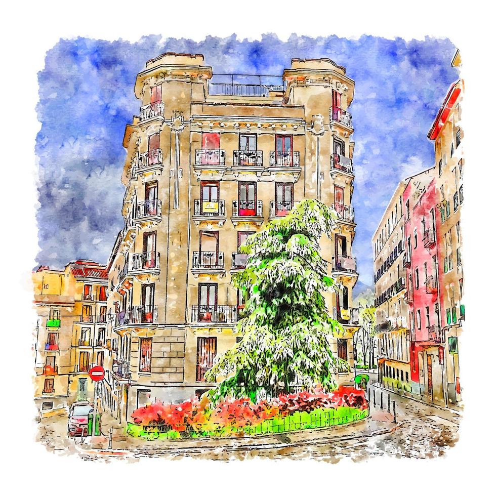 arquitectura madrid españa acuarela boceto dibujado a mano ilustración vector