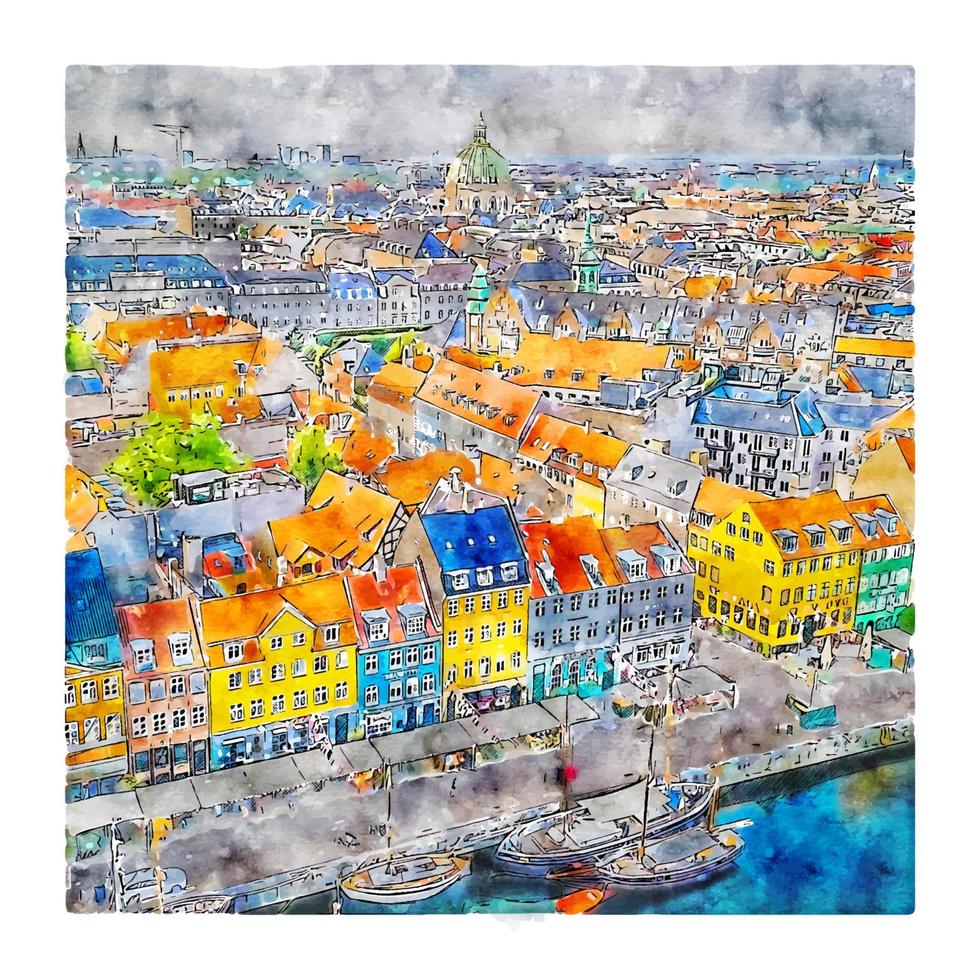 nyhavn kobenhavn dinamarca boceto acuarela dibujado a mano ilustración vector