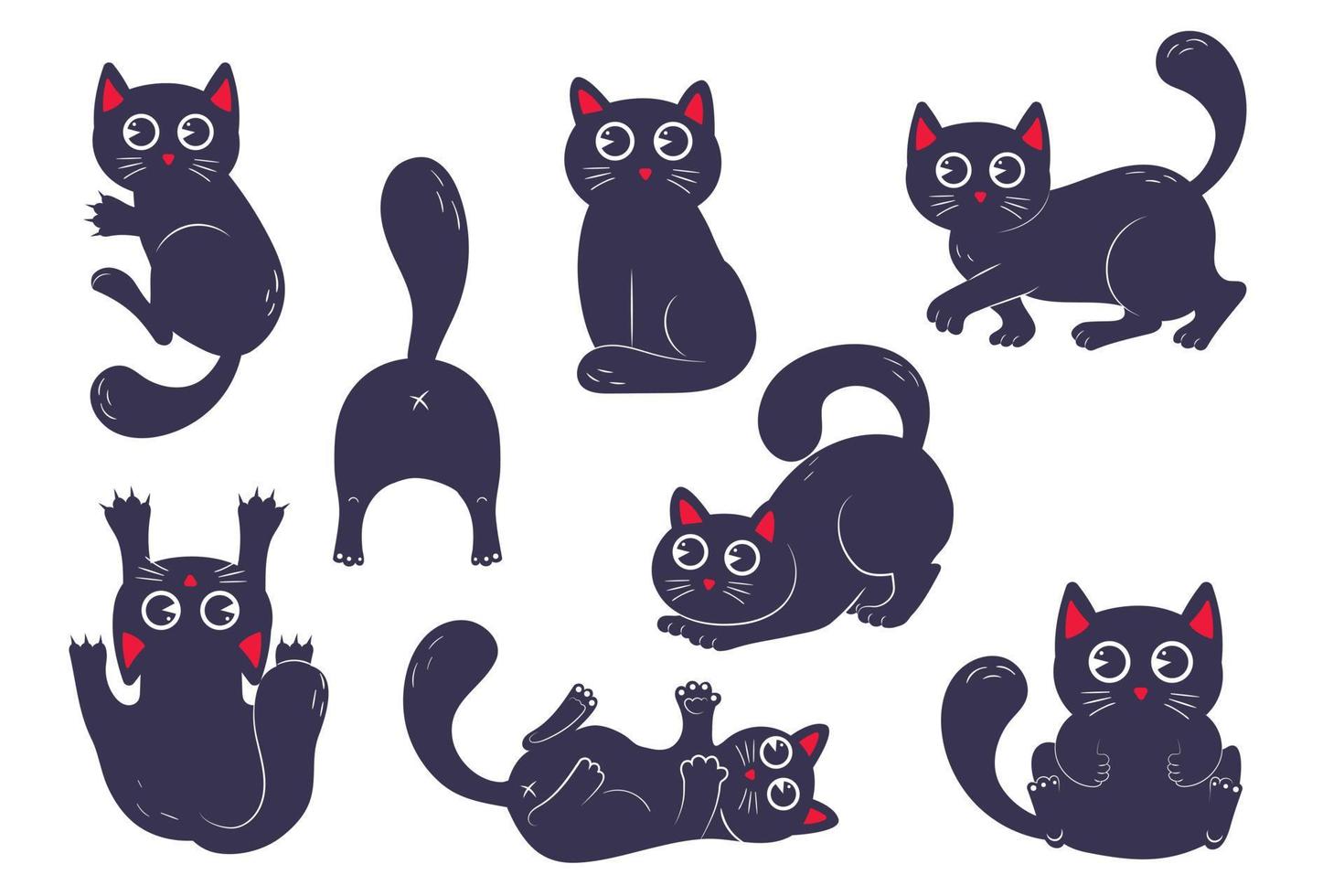 bundle of funny kawaii black cats in various poses in flat style isolated on white background vector