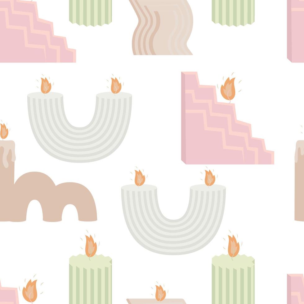 Seamless pattern background with handmade scented soy and coconut wax candles in scandinavian folk hygge style vector