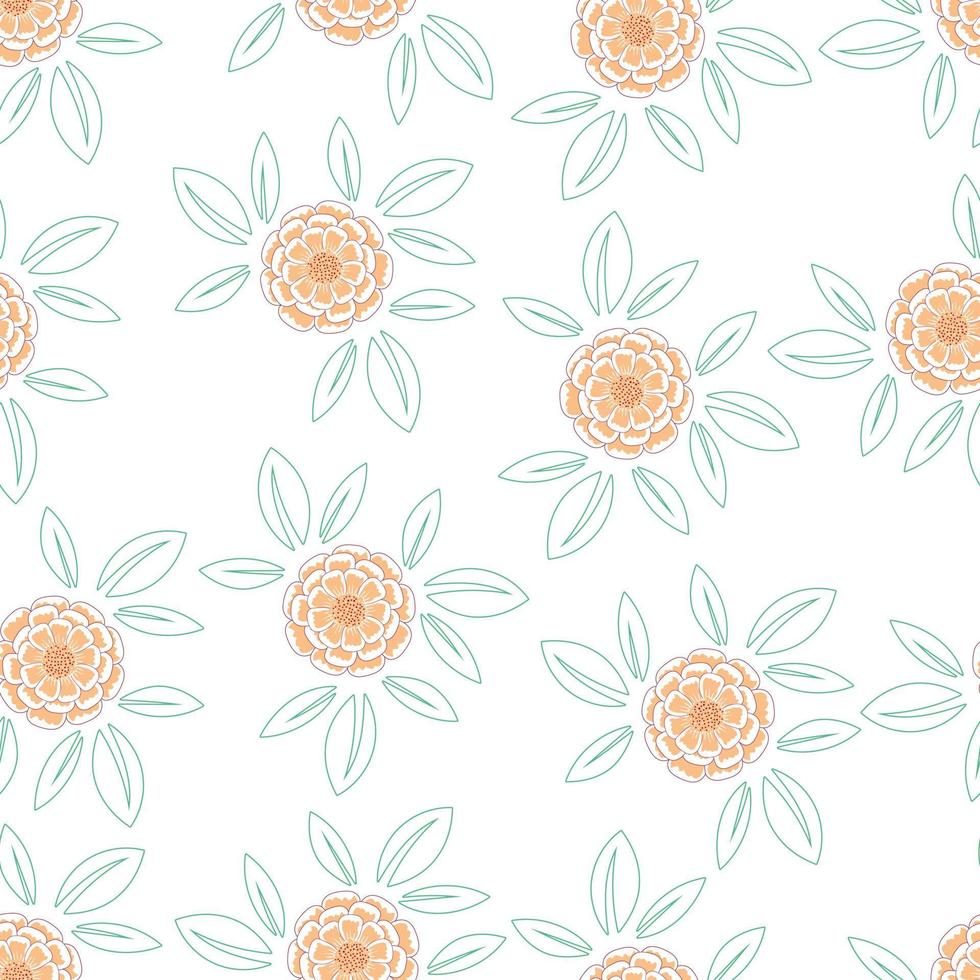 Seamless pattern with red marigolds and green leaves in a flat style isolated on a white background vector