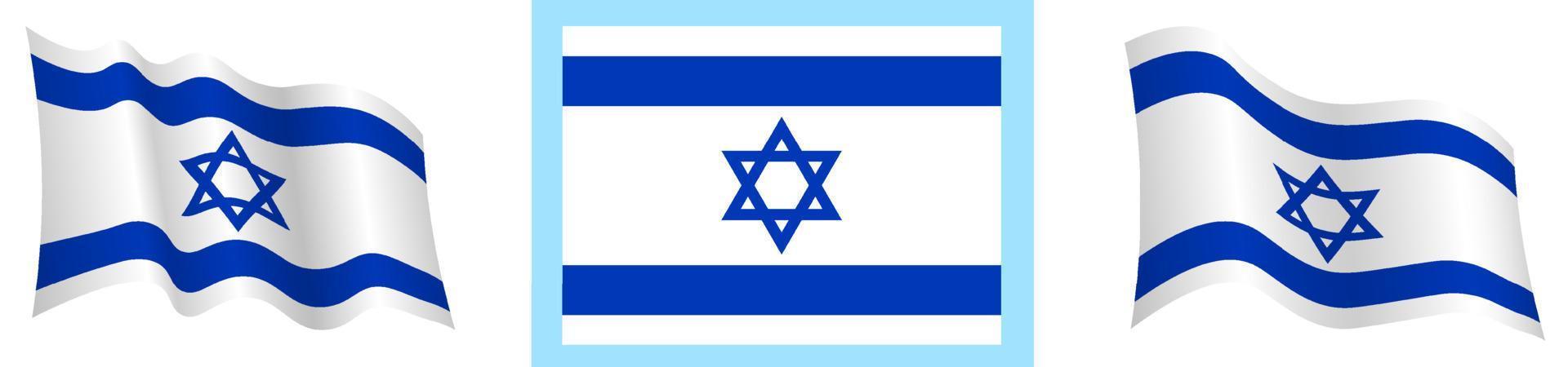 israel flag in static position and in motion, developing in wind in exact colors and sizes, on white background vector