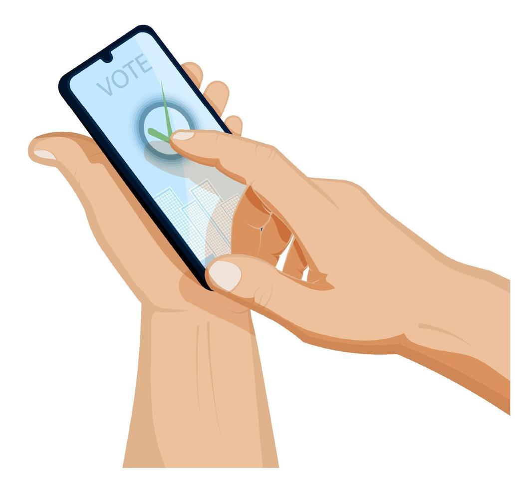 man hand holds a smartphone with note about the choice made. Online voting using a smartphone or computer, presidential elections 2020 in America. Vector