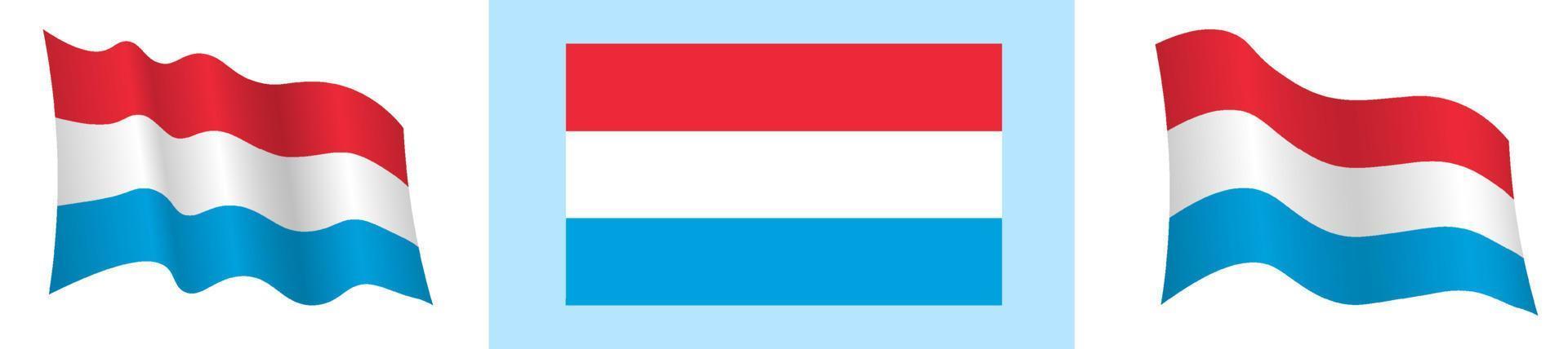 Luxembourg flag in static position and in motion, developing in wind in exact colors and sizes, on white background vector