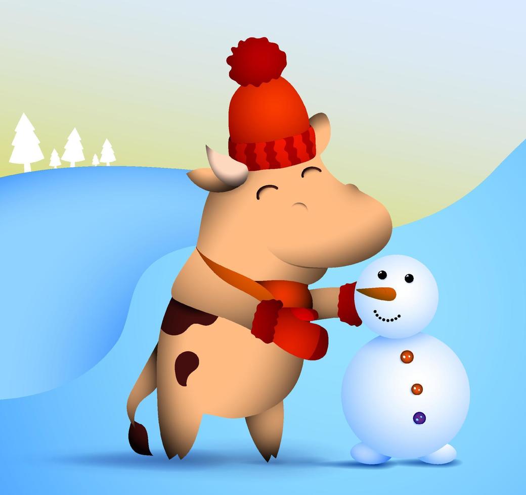 happy little bull, ox in winter clothes makes snowman out of snow. Symbol of 2021 of Chinese calendar with satisfied smile on face. Funny animals. Vector