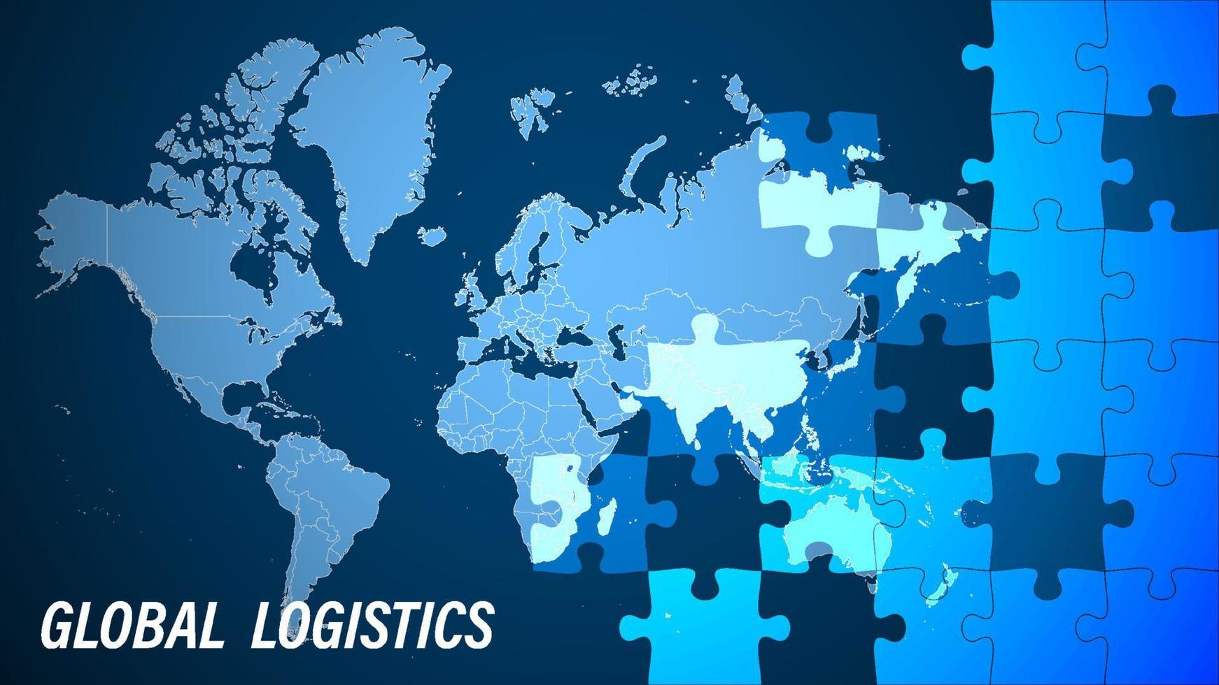 logística. banner conceptual para logística global con piezas de rompecabezas en el fondo del mapa mundial. organización del transporte de carga en todo el mundo. vector
