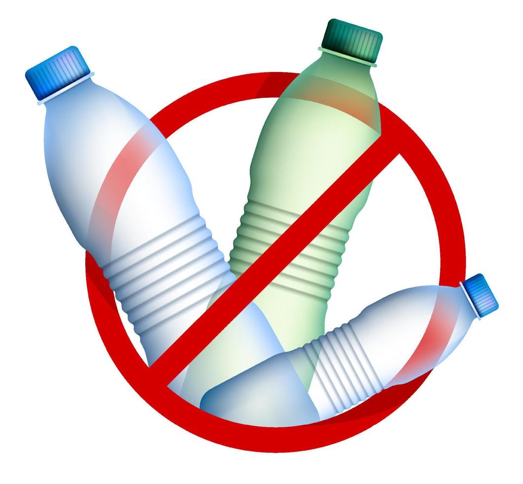 Plastic bottles under prohibition sign. Combating environmental pollution with plastic waste. Re-processing of raw materials. Caring for environment. Vector