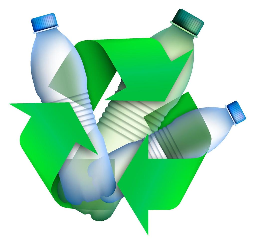 Plastic bottles in arrow signs for recycling waste, used raw materials. Caring for environment. Green modern technologies. Isolated vector on white background