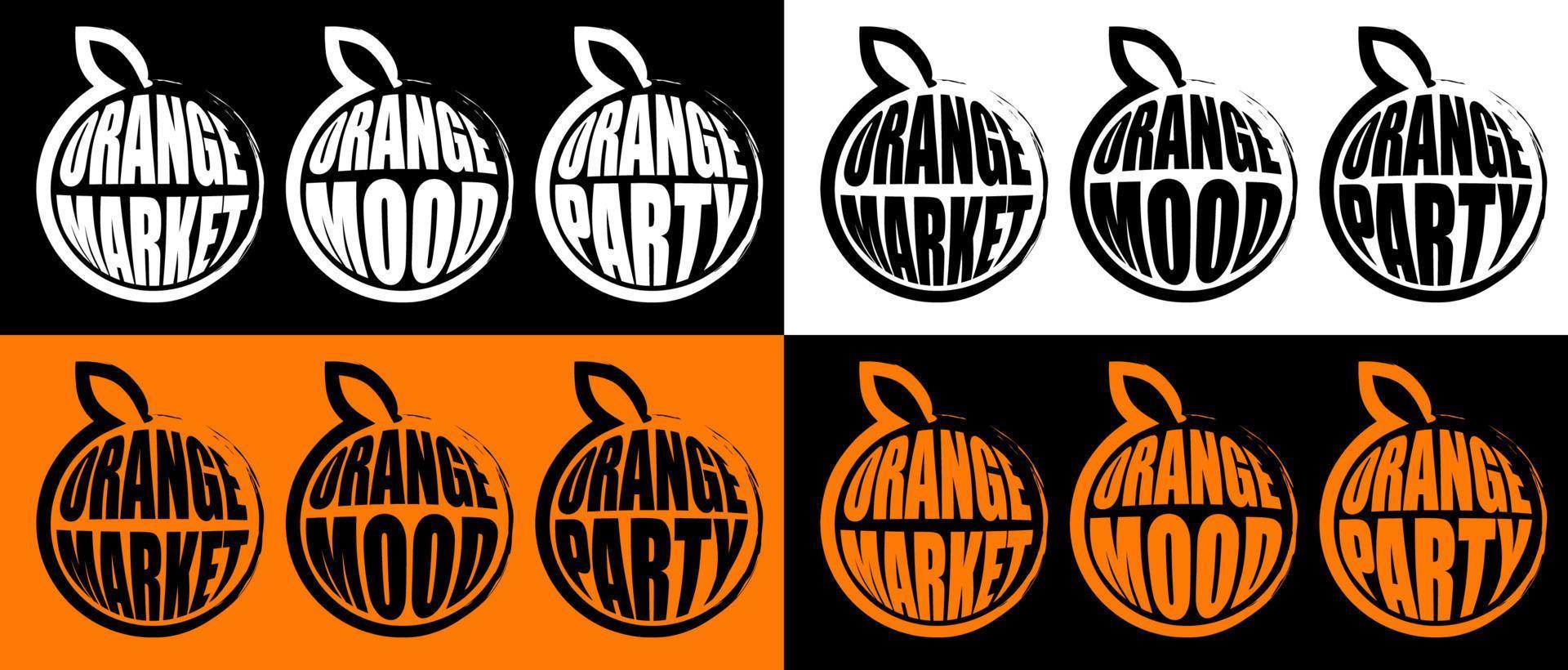 original logo of a whole orange with a leaf. Part of the menu design, store or party name. Black white vector