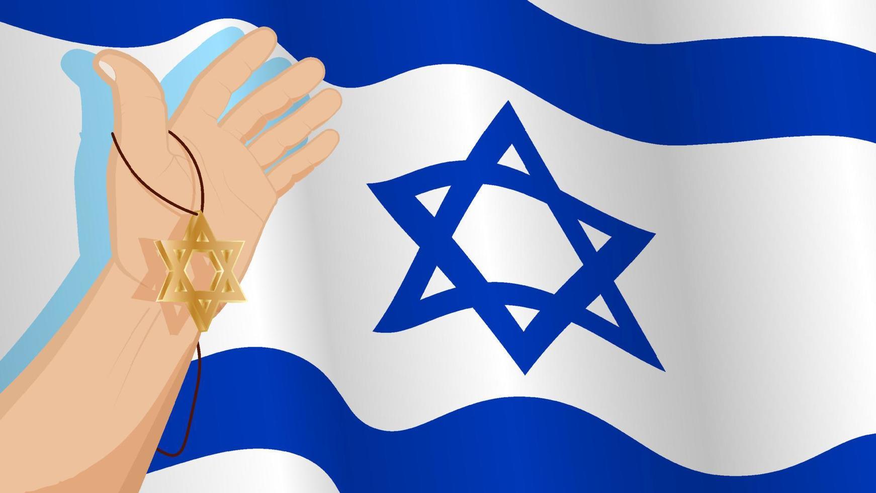 Male hand holds Star of David keychain against background of flag of Israel. Judaism. Celebration Hanukkah, Festival of Lights. Cartoon vector