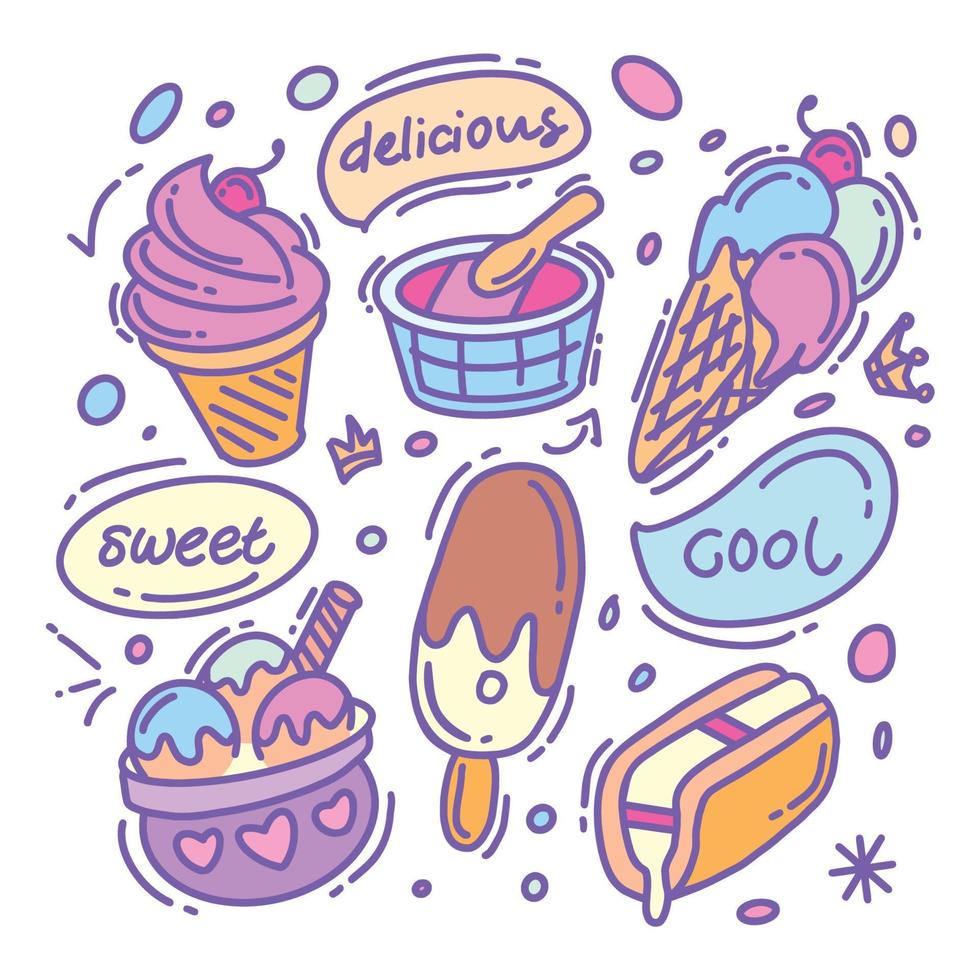 Hand drawn ice cream collection full color vector