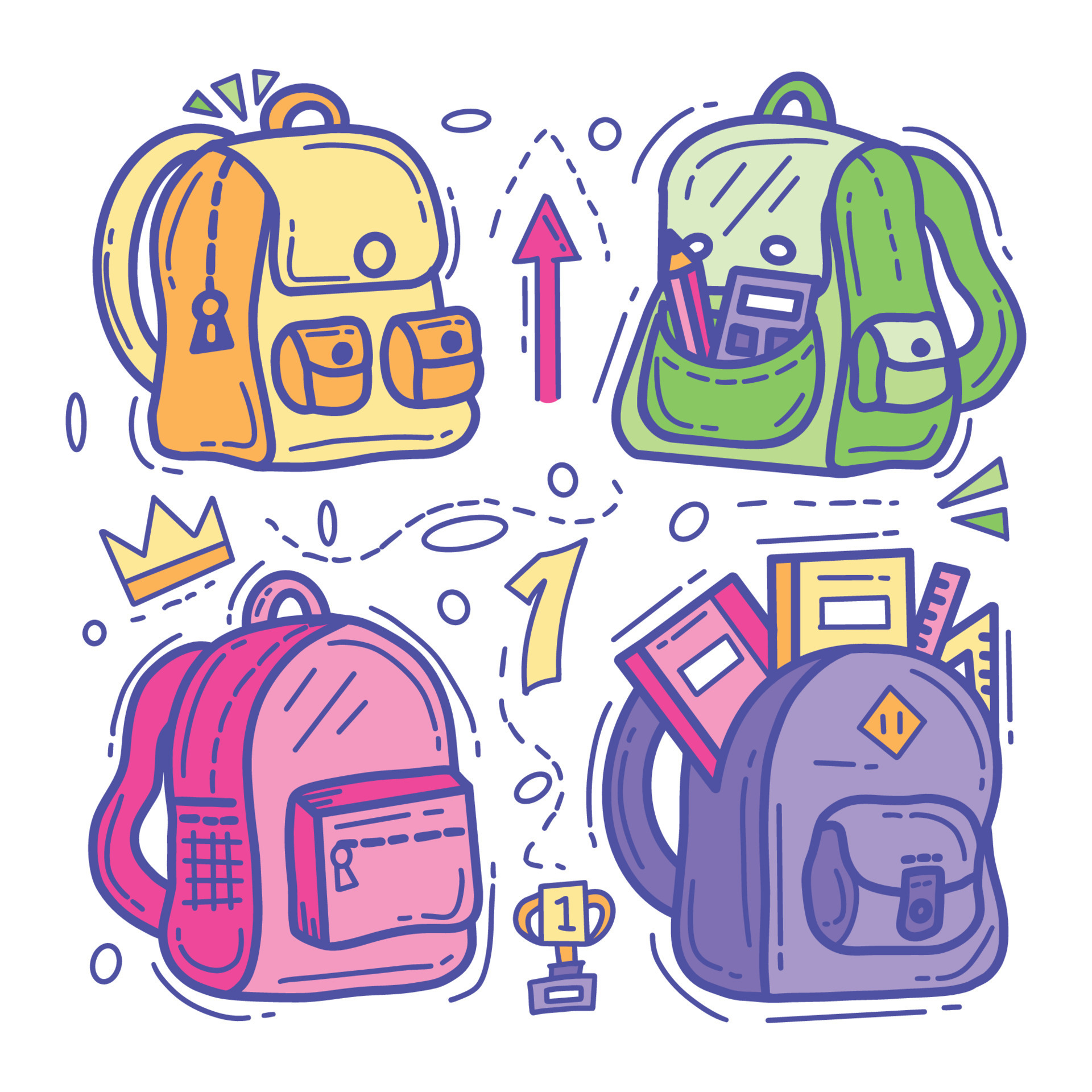 mochila escolar y botella de agua en una colorida ilustración de arte de  línea de dibujos animados 4434324 Vector en Vecteezy
