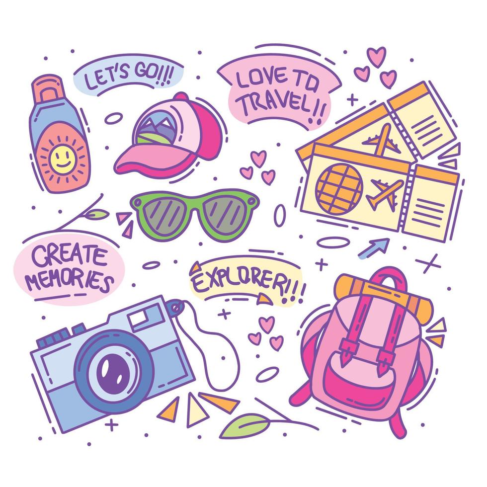 Hand drawn traveling icon set collection full color vector
