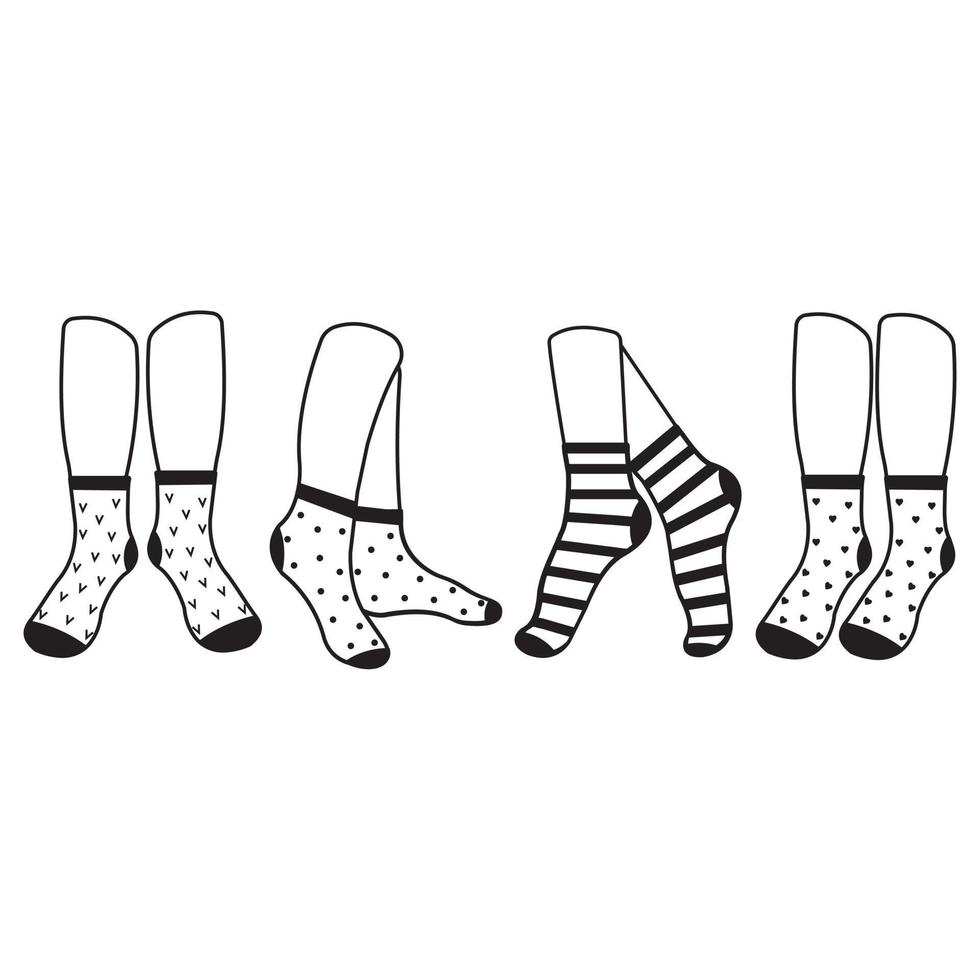 Warm socks on the feet with a pattern, black outline, vector illustration