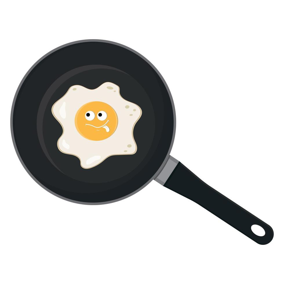 Fried egg character with kawaii eyes in a frying pan, black outline, line, vector illustration