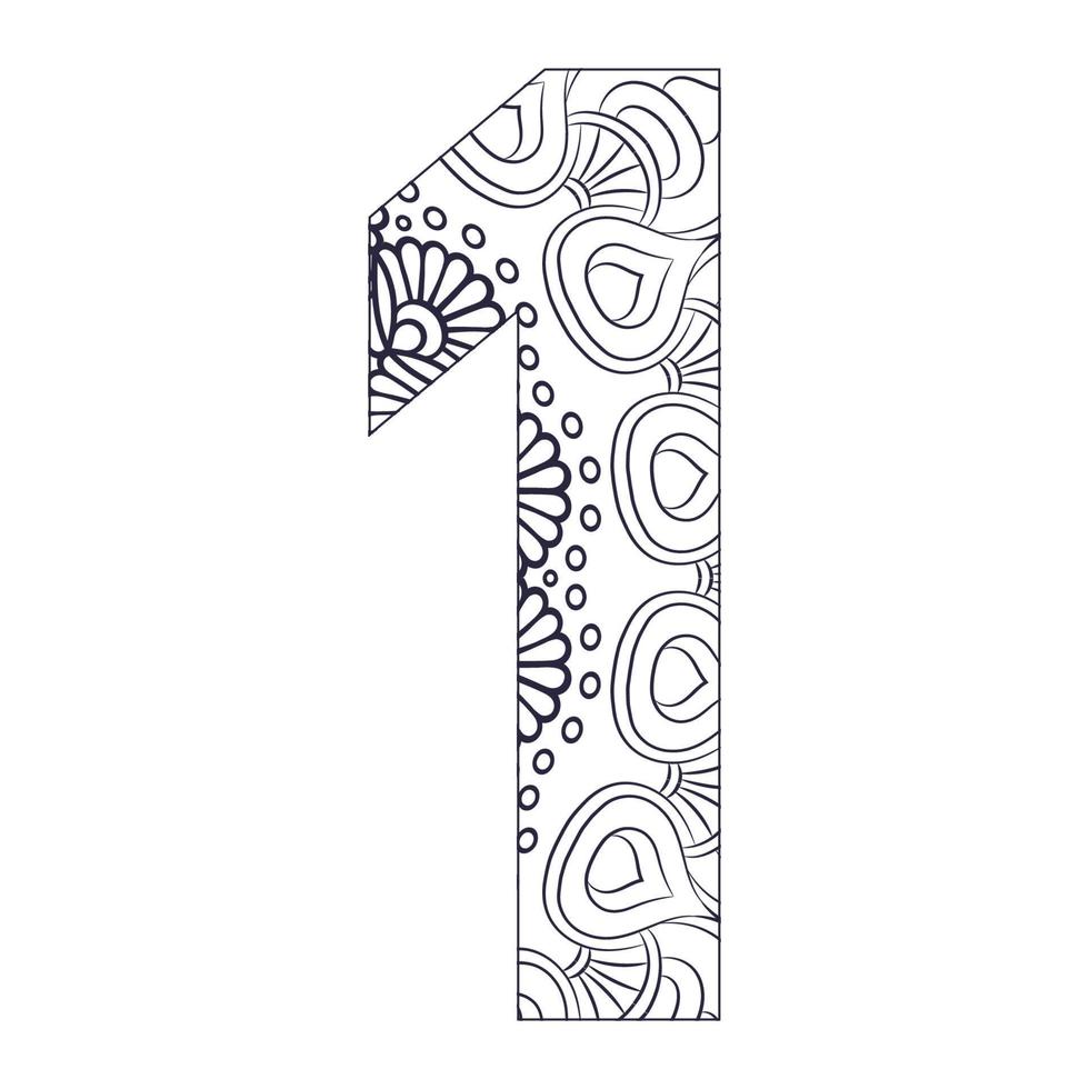 mandala number 1 coloring page with vector illustration Ornamental font