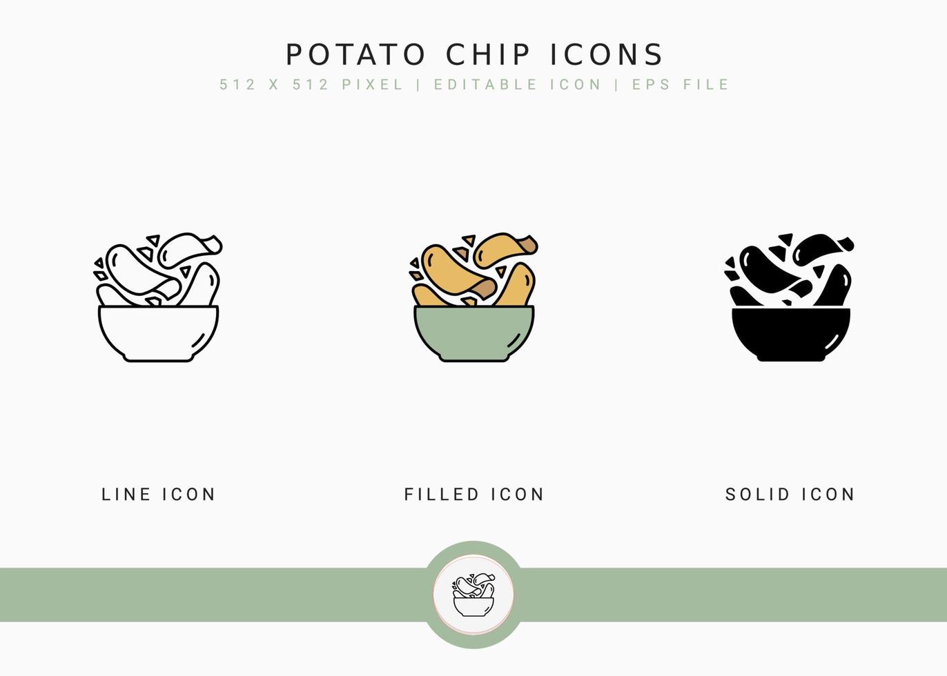 Potato Chip Icons set vector illustration with solid icon line style. Crisp Snack concept. Editable stroke icon on isolated background for web design, user interface, and mobile application