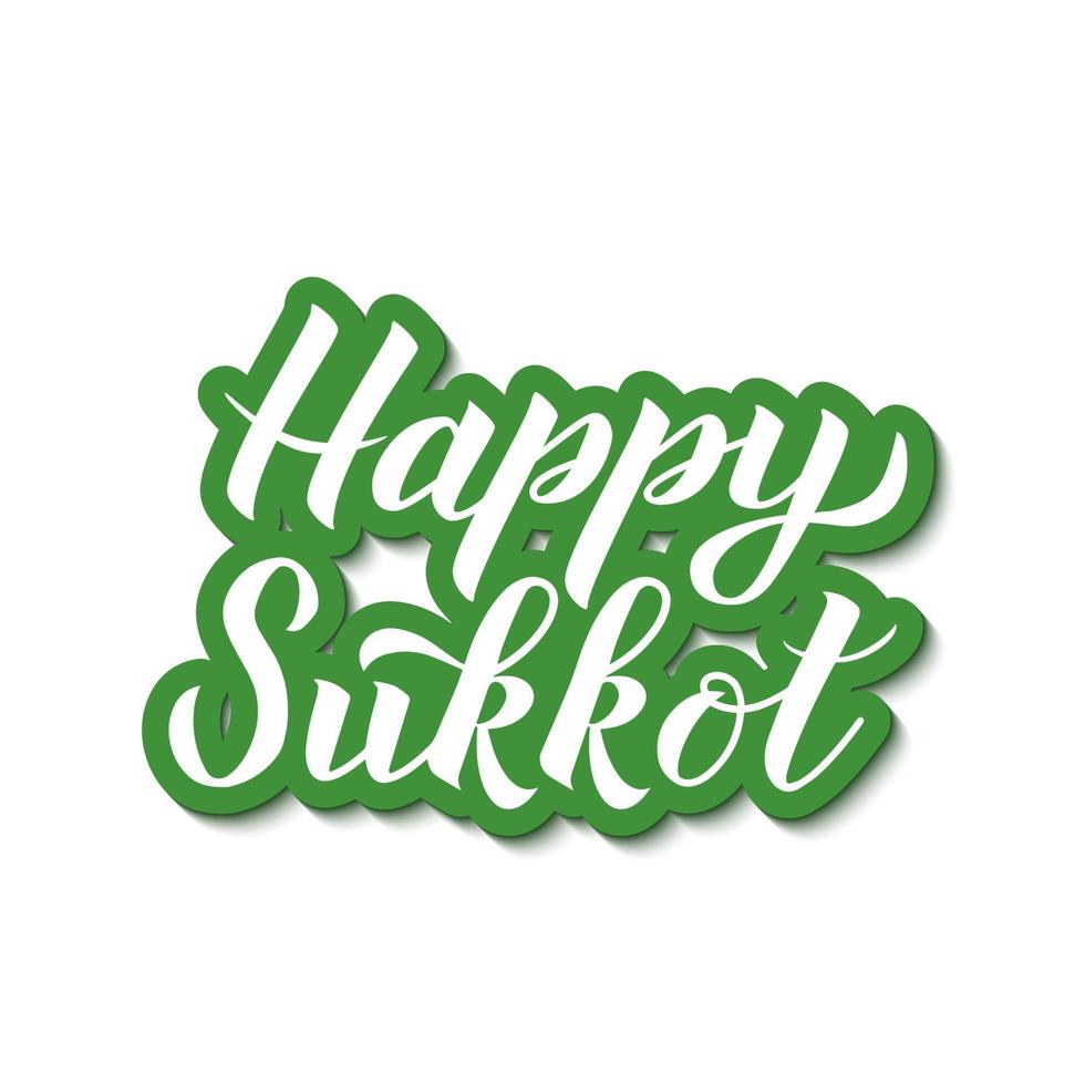 Happy Sukkot calligraphy hand lettering sticker on white background. Jewish traditional holiday celebration typography poster. Vector template for banner, greeting card, postcard, etc.