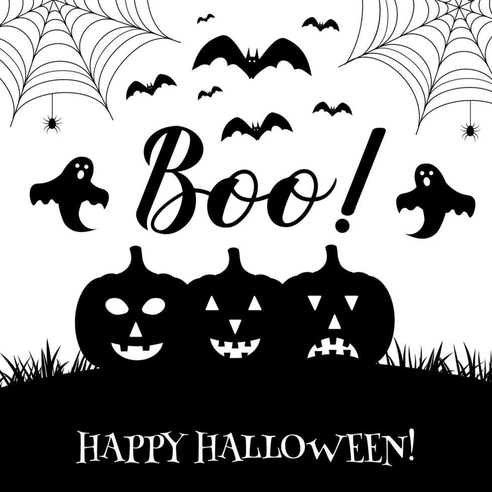 Boo hand lettering with cute cartoon ghosts, pumpkins,  bats and spiders isolated on white. Vector template for Halloween greeting card, banner, typography poster, party invitation, t-shirt, etc.