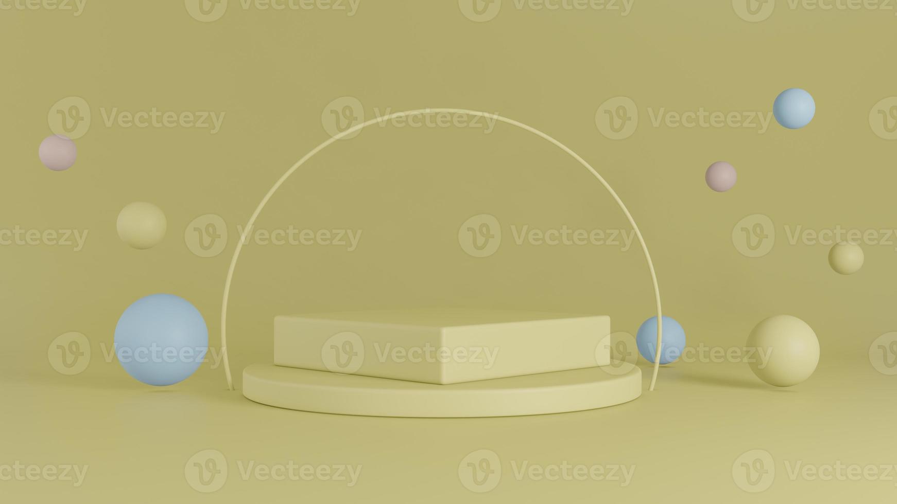 Yellow backdrop stage with circle and pastel bubble decoration in room. 3D render photo
