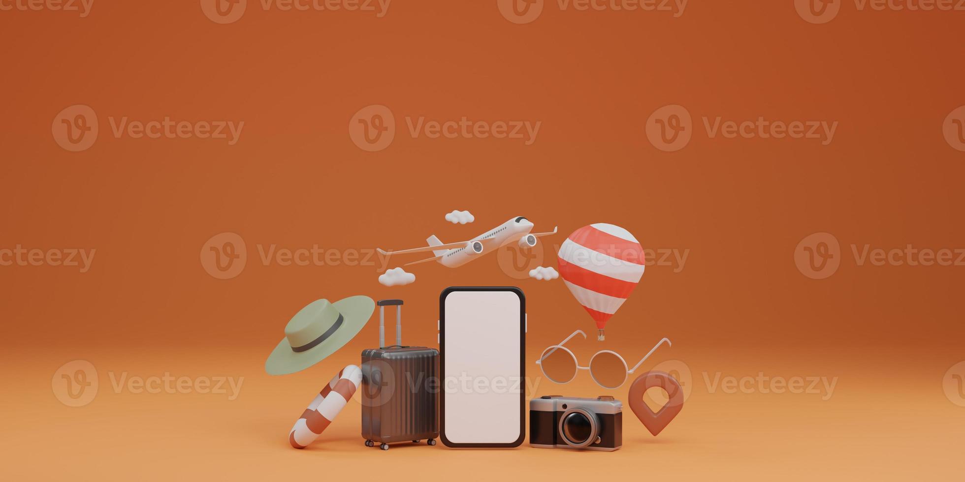 White screen mobile mockup with airplane, balloon, swimming rubber ring, luggage, sunglasses, hat and camera over orange background travel concept. 3d rendering photo